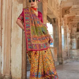 Elora Mustard Blended Ajrakh Saree With Unstitched Blouse image 1