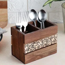 VarEesha Gul Brown Sheesham Wood Two-Part Cutlery Holder image 1