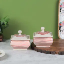 VarEesha Parikrama Red & White Ceramic Small Square Bowl With Lid (0.2 L) - Set of 2 image 1