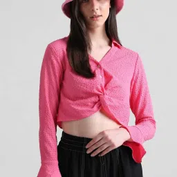 Only Pink Self Design Cropped Shirt image 1