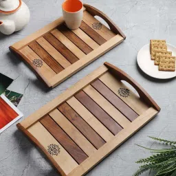VarEesha Tree of Life Brown Sheesham Wood Rectangular Tray - Set of 2 image 1