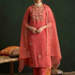 Indo Era Orange Embroidered Kurta Pants Set With Dupatta-image-30