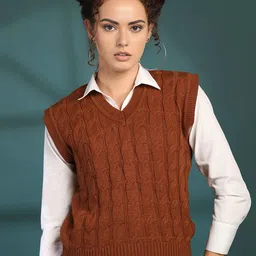 CHKOKKO Women Self Design Cable Knit Woollen Sweater Vest-picture-6