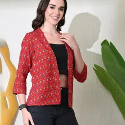 DECKEDUP Red Floral Three-Quarter Sleeves Shrug image 1