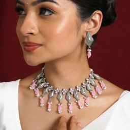 Teejh Roopmati Silver Oxidised Pink Necklace Set-picture-5