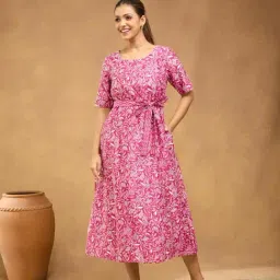 Fabindia Women's Pink Printed Round Neck Elbow Sleeves A-Line Dress-picture-25