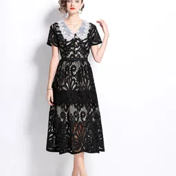 JC Collection Peter Pan Collar Lace Inserts A-Line Midi Dress image 1