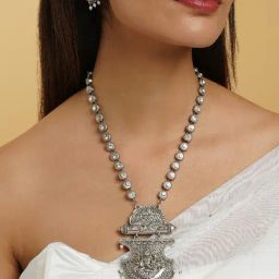 Teejh Maitraka Silver Oxidised White Necklace Set-picture-24