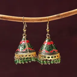 Oomph Green Pink Meenakari Cone Shape Jhumki Earrings image 1