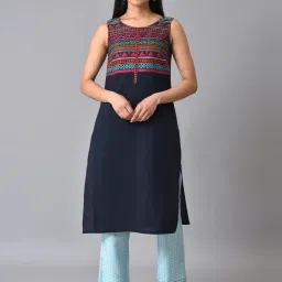 Aurelia Blue Cotton Embroidered Straight Kurta image 1