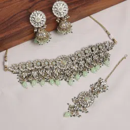 Oomph Mint Green Jadau Necklace, Earring & MaangTikka Set image 1