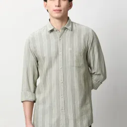 Peter England Green Cotton Slim Fit Striped Shirt-picture-20