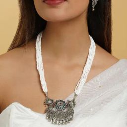 Teejh Maukhari Silver Oxidised Ruby Green Necklace Set-picture-30