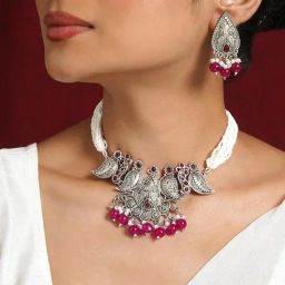 Teejh Putalabai Silver Oxidised Ruby Necklace Set-picture-7