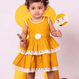 VASTRAMAY Girls Mustard Cotton Solid Dresses-image-69