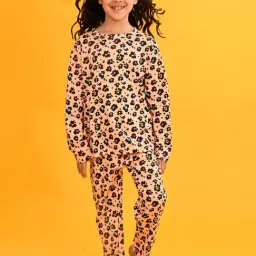 Anthrilo Girls Peach Printed Pyjama Set-image-37