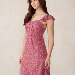 Outzidr Women Floral Printed Sweetheart Neck Flutter Sleeves A-Line Mini Dress image 5