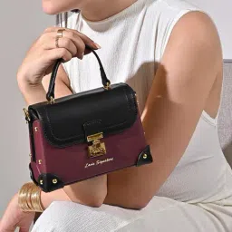 LAVIE Signature Maroon Beaufort Color Block Extra Small Leather Satchel-image-35