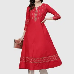 YASH GALLERY Red Cotton Printed A Line Kurta image 4
