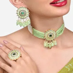 Zaveri Pearls Green Multistrand Beaded Kundan Choker Necklace Earring & Ring Set-ZPFK15939-picture-40