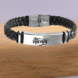 M Men Style Men Silver-Plated Mahadev Braided Leather Cuff Bracelet-picture-55
