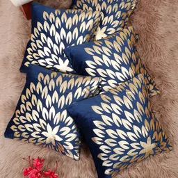 HOSTA HOMES Blue & Gold-Toned Set of 5 Floral Velvet Square Cushion Covers-picture-19