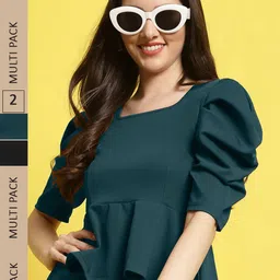Fabflee Pack Of 2 Sweetheart Neck Puff Sleeve Peplum Top-picture-14