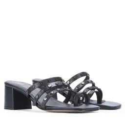 Saint G Women Metal Studded Black Leather Block Sandal Heels-image-13