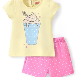 Babyhug Cotton Knit Half Sleeves Night Suit With Ice Cream Print - Yellow & Pink image 1