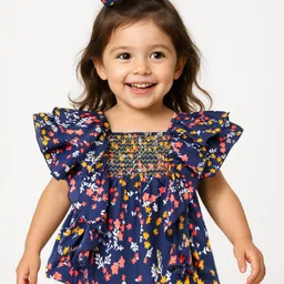 Babyhug Rayon Woven Half Sleeves  Top With Smocking & Frills Detailing Floral Print - Blue-image-63