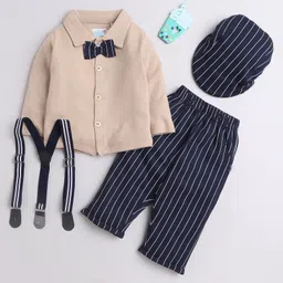 BUMZEE Full Sleeves Solid Shirt Pant Set With Suspender & Cap - Beige & Navy Blue-picture-26