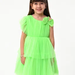 Babyhug Woven One Shoulder Sleeves Layered Party Frock with Frill Detailing & Bow Applique- Neon Green-image-3
