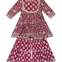 aatya kiids AATYA by Shruti Agarwal Cotton Three Fourth Sleeves Floral Printed & Lace Embellished Kurta With Sharara - Maroon-picture-16