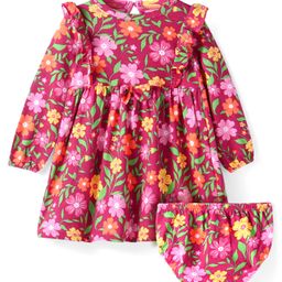 Babyhug Single Jersey Knit Full Sleeves Frill Detailing Frock with Bloomer Floral Print - Maroon-image-118