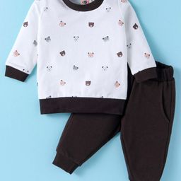 Zero Cotton Knit Full Sleeves Bear Printed Winter Wear T-Shirt & Joggers Set - Off White & Brown-picture-26