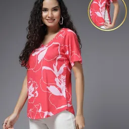 Zelena 100% Cotton Half Sleeves Floral Printed Top With Concealed Zipper For Nursing Access - Red-picture-13