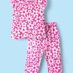 Babyhug Cotton Knit Frill Sleeves Co-Ord Night Suit With Floral Print - Pink-picture-20