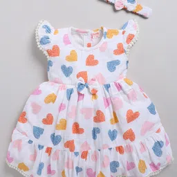 Snuggly MONKEY Seersucker Woven Cap Sleeves Hearts Printed Lace Detailed Tiered Dress With Headband - White-picture-15