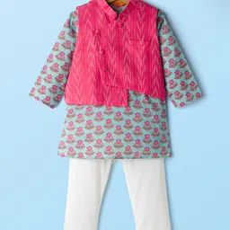Exclusive from Jaipur Cotton Woven Full Sleeves Floral Printed Kurta Pajama Set with Jacket - Dark Pink & Aqua Blue-image-94