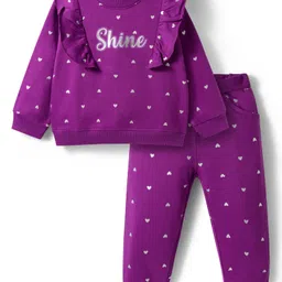 Babyhug Terry Knit Full Sleeves Top & Joggers Set with Shine Text & Star Print with Frill Detailing - Purple-picture-17