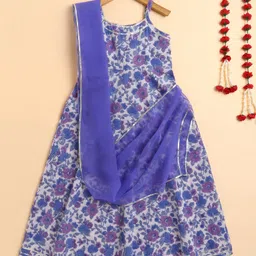 The Magic Wand Cotton Woven Sleeveless Floral Printed & Gota Lace Embellished Dress With Dupatta - Blue-picture-10