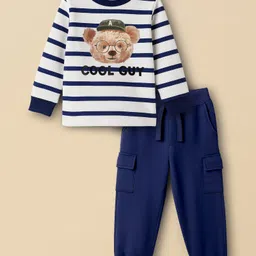Babyhug Single Jersey Knit Full Sleeves T-Shirt & Joggers Set with Stripes & Teddy Print - White & Navy Blue-picture-18