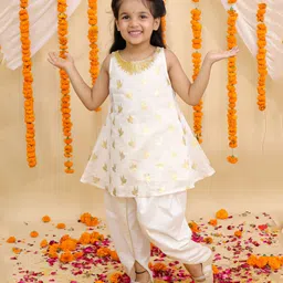 Lil' Drama Chanderi Knit Sleeveless Birds Foil Printed & Gota Lace Embellished Kurti Dhoti Set - Off White-picture-20