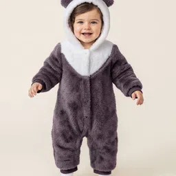 Mark & Mia Knit Full Sleeves Fur Fabric Winter Wear Hooded Romper With Ear Applique - Charcoal Grey-picture-17