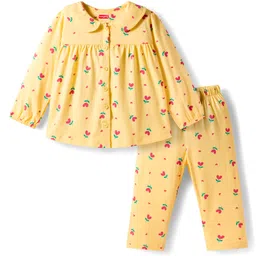 Babyhug Cotton Knit Full Sleeves Co-Ord Night Suit with Floral Print - Yellow-picture-25