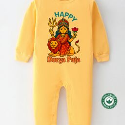 BLUSHES 100% Cotton Knit Durga Puja Theme Full Sleeves Happy Durga Puja Text Printed Romper - Yellow-picture-35