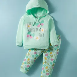 Tango Looper Knit Full Sleeves Winter Wear Hooded T-Shirt & Lounge Pant Set with Tropical Theme Print - Sea Green-image-38
