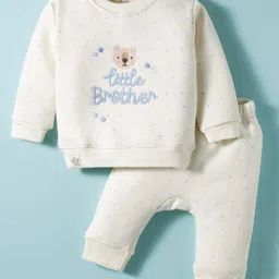Ollypop Fleece Knit Full Sleeves Winter Wear T-Shirt & Joggers Set With Bear & Little Brother Text Embroidery - Cream-picture-25