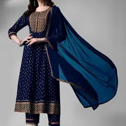 QUEENSFAB Women Ethnic Motifs Printed Regular Thread Work Kurta with Trousers & With Dupatta image 2