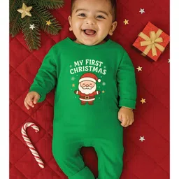 zeezeezoo Zeezeezo 100% Cotton Knit Christmas Theme Full Sleeves My First Christmas Text Printed Romper - Green image 3
